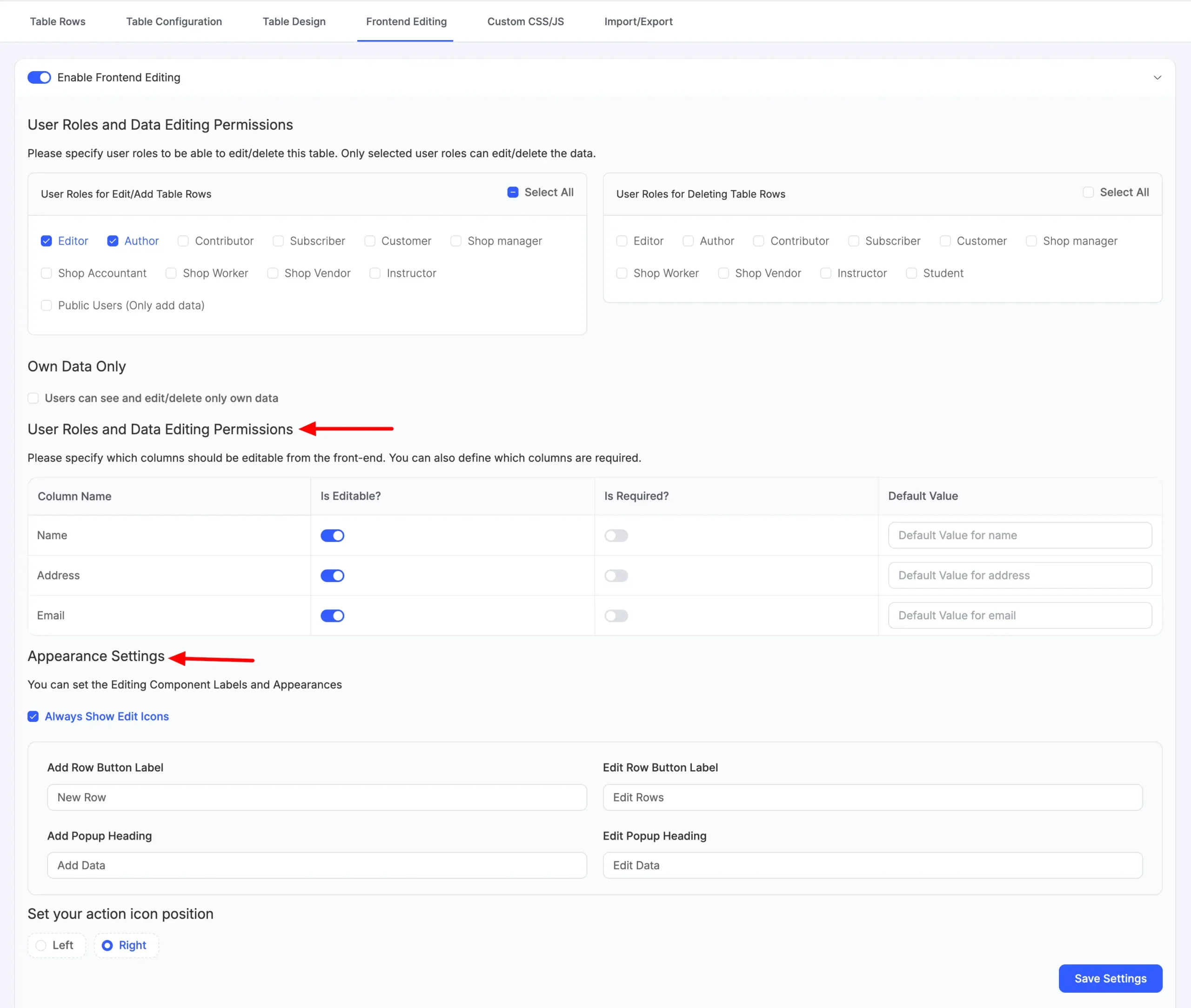 Frontend Settings