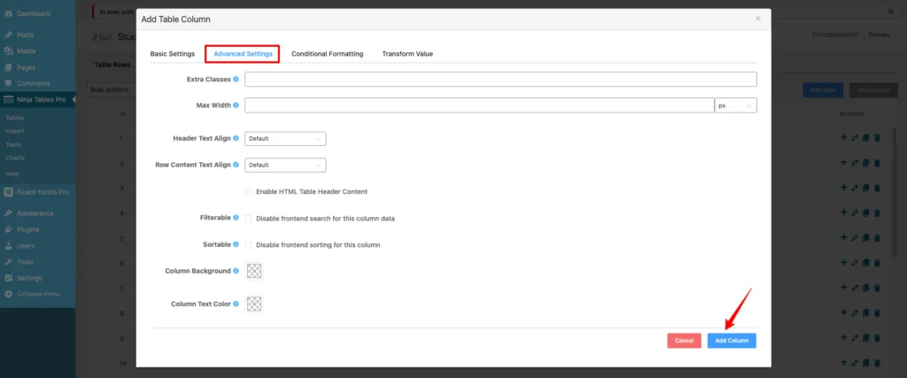 advanced settings in columns