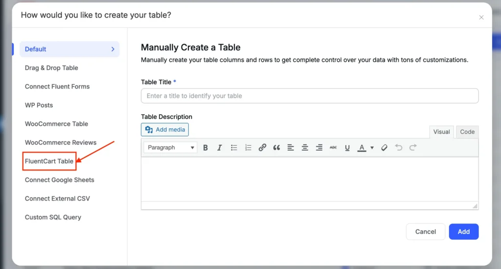 FluentCart in the table creation menu