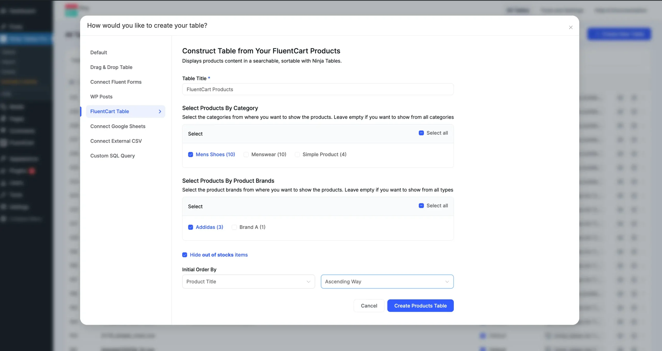 FluentCart table creation settings