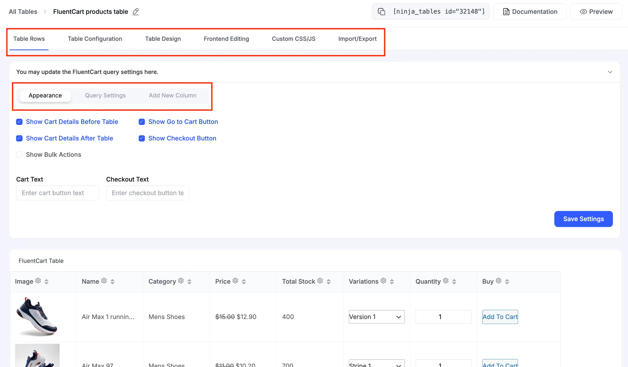 FluentCart table settings in the editor