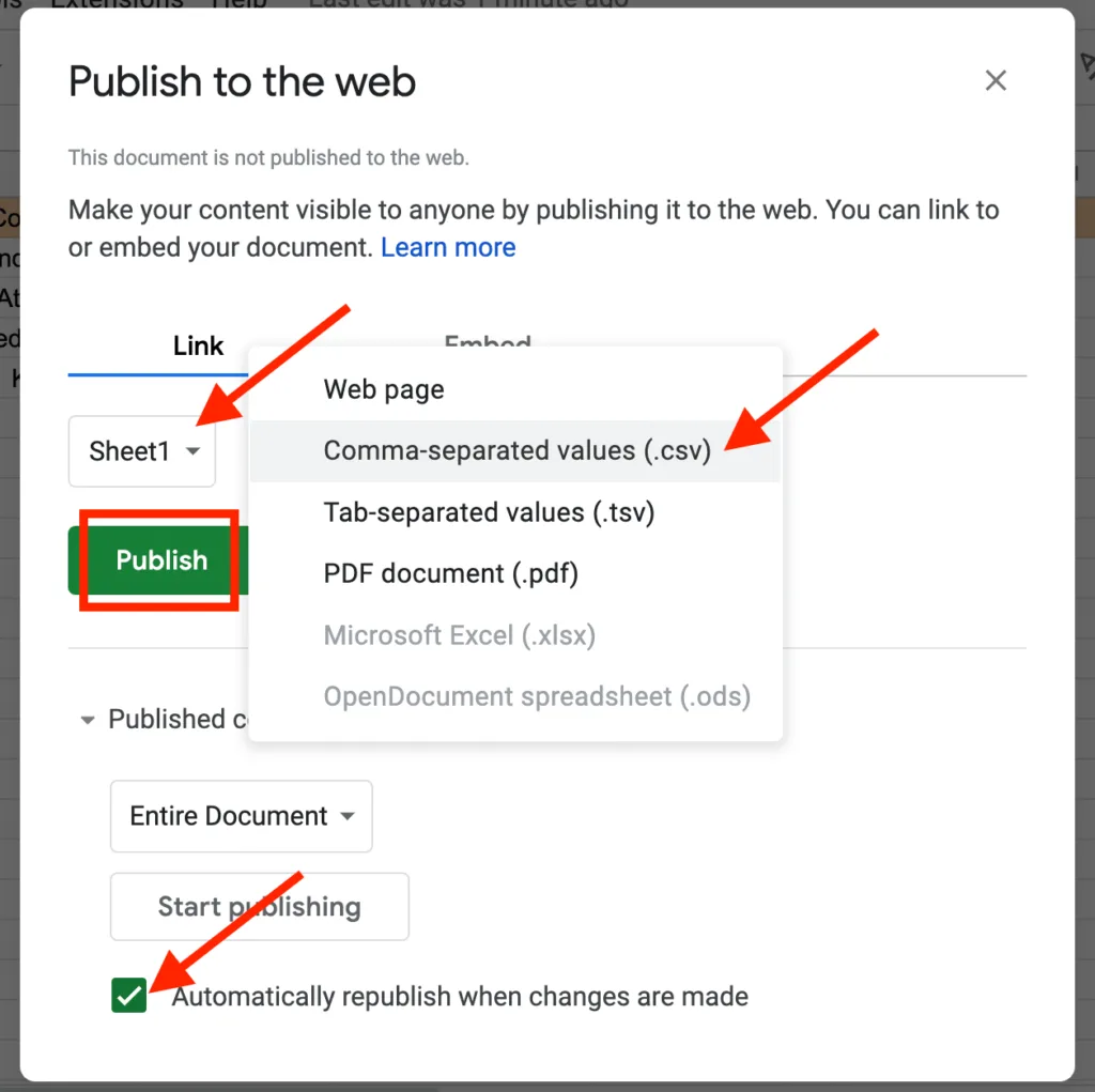 publish google sheet to the web