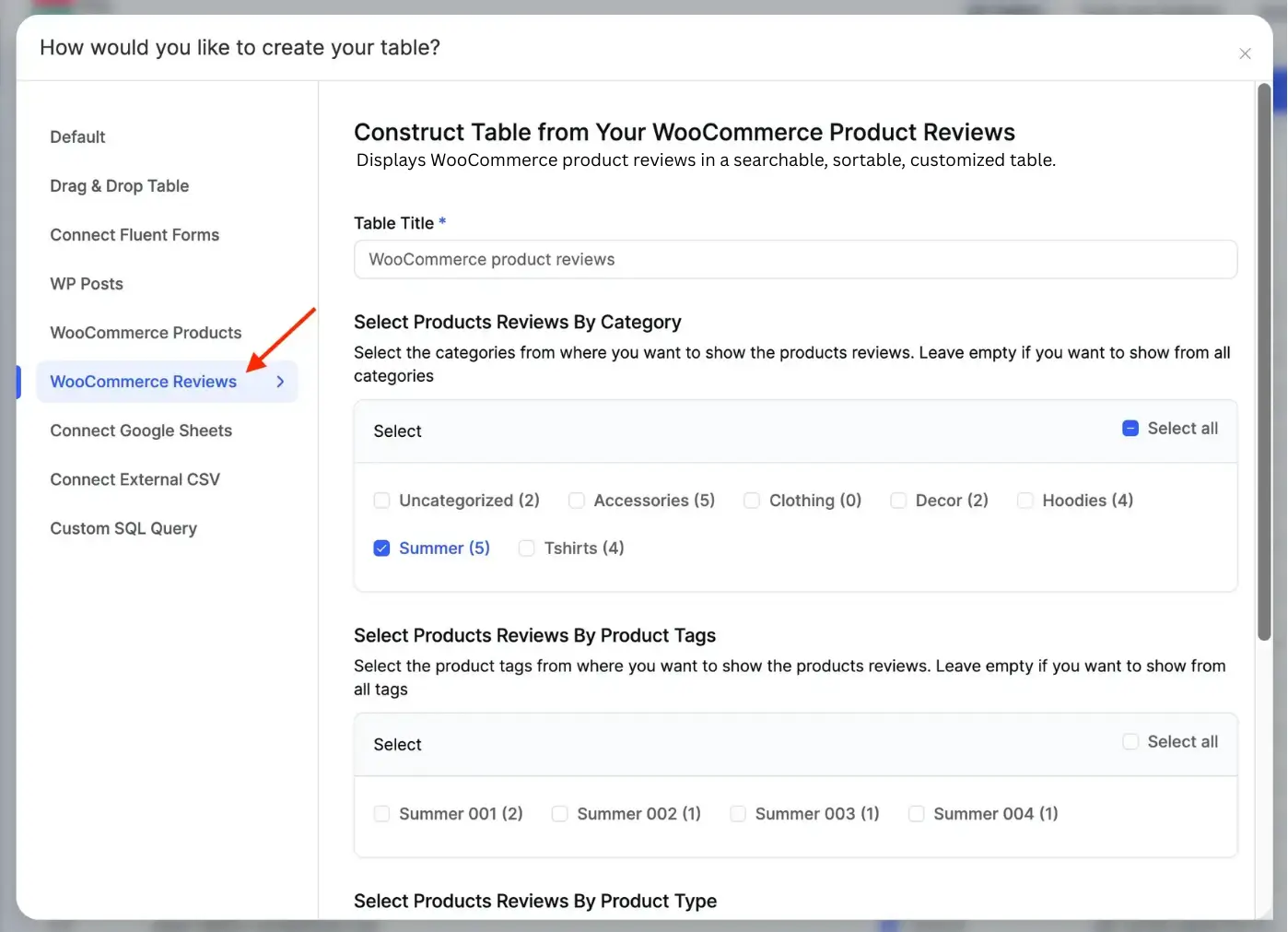 WooCommerce Reviews table option