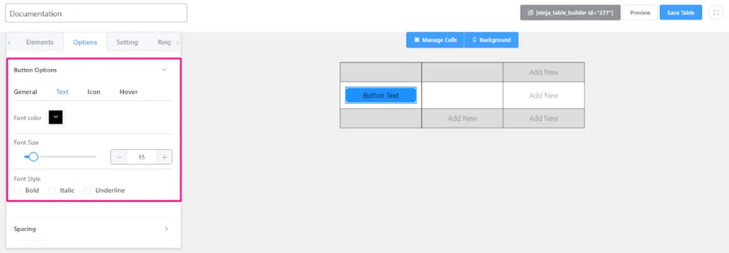 Table button text