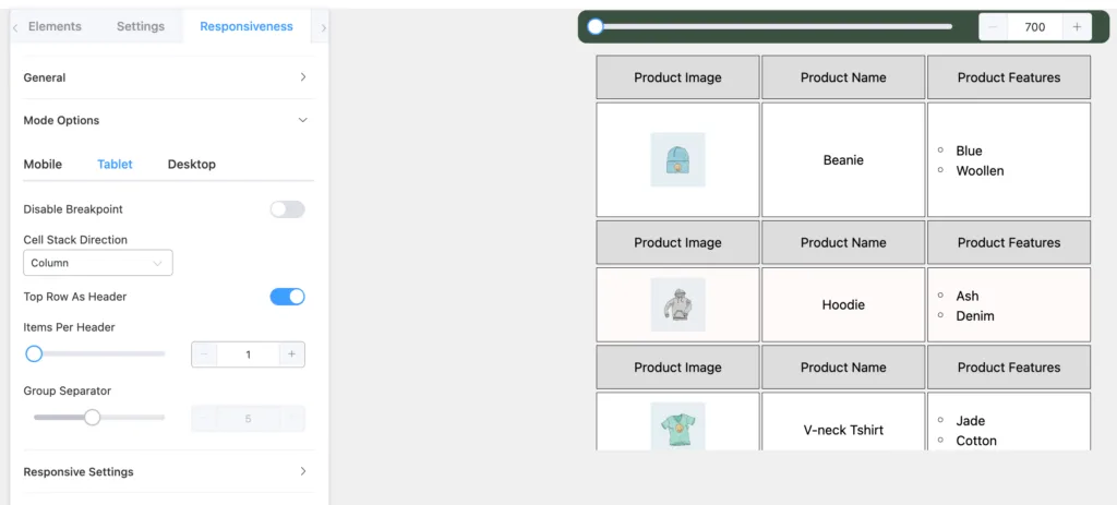 Responsive table on tablets