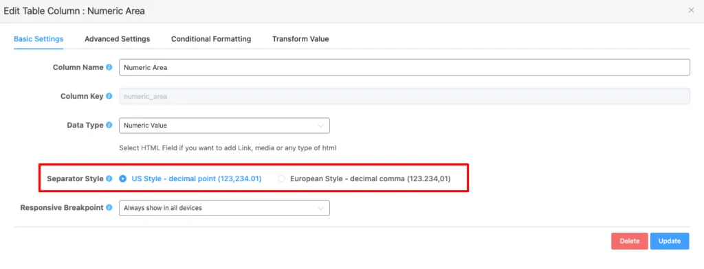 Separator style in numeric value
