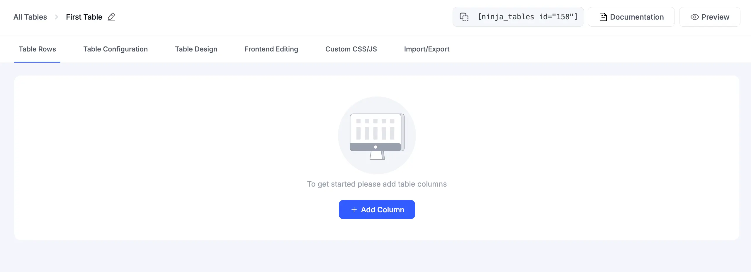 Table editor with no columns yet