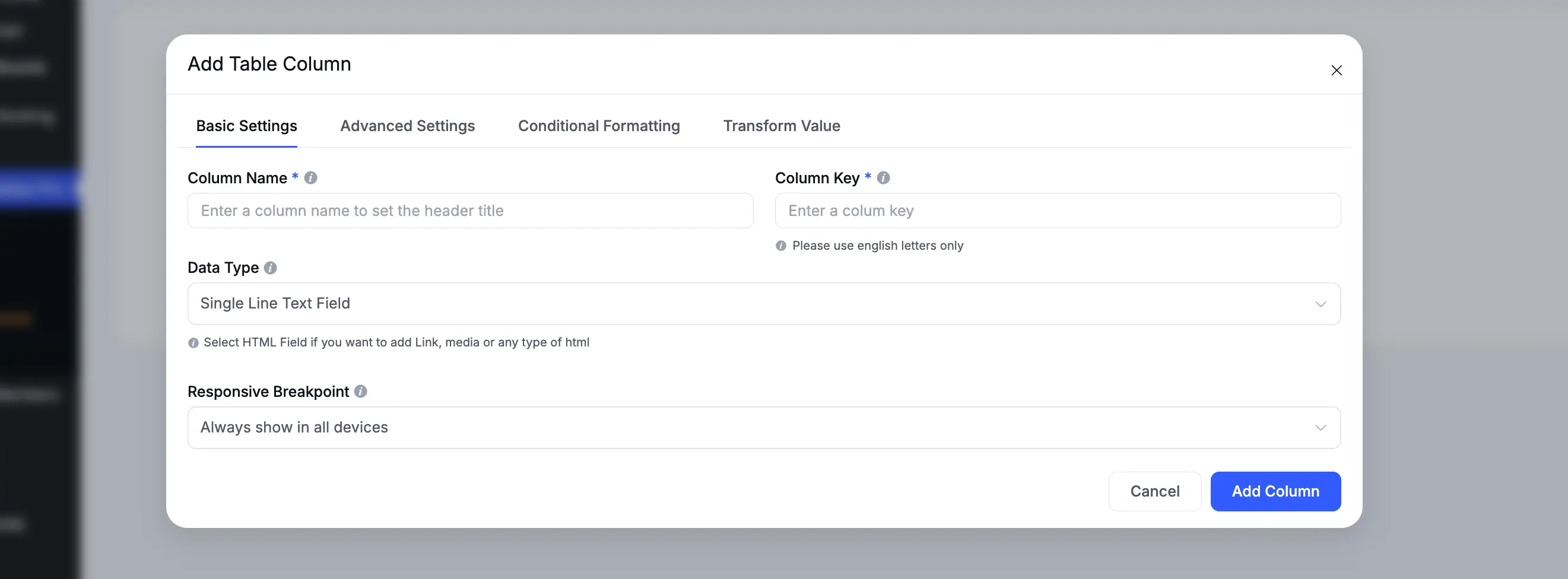 Add Table Column settings popup