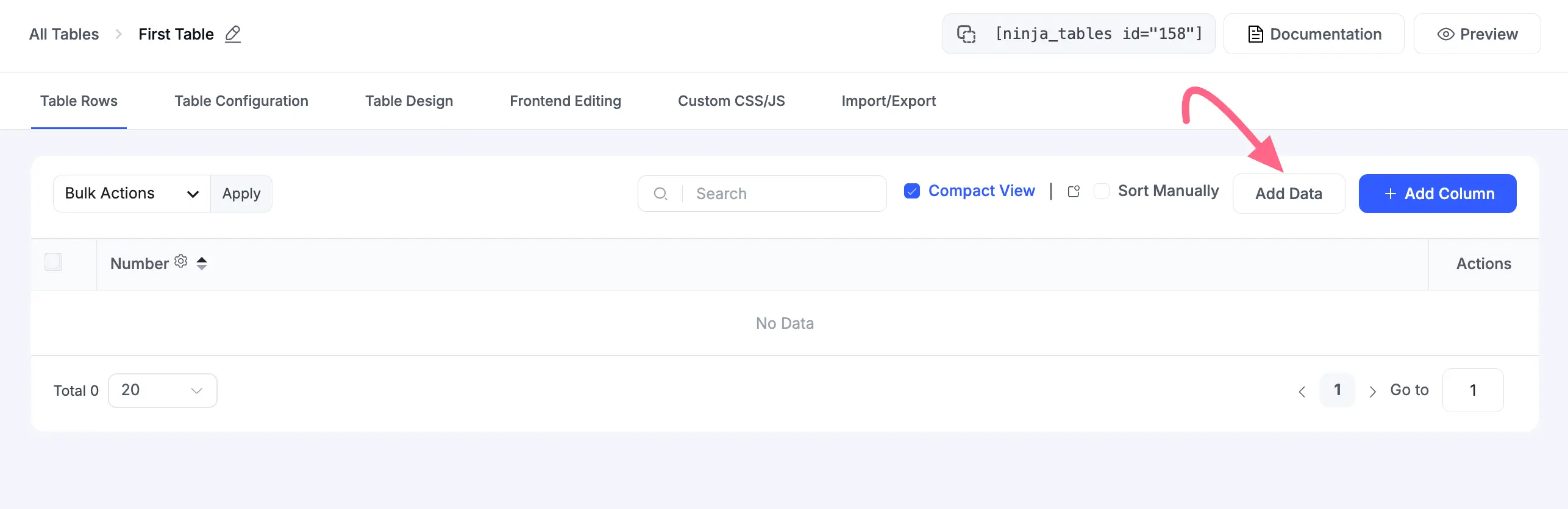 Add Data button on the Table Rows tab