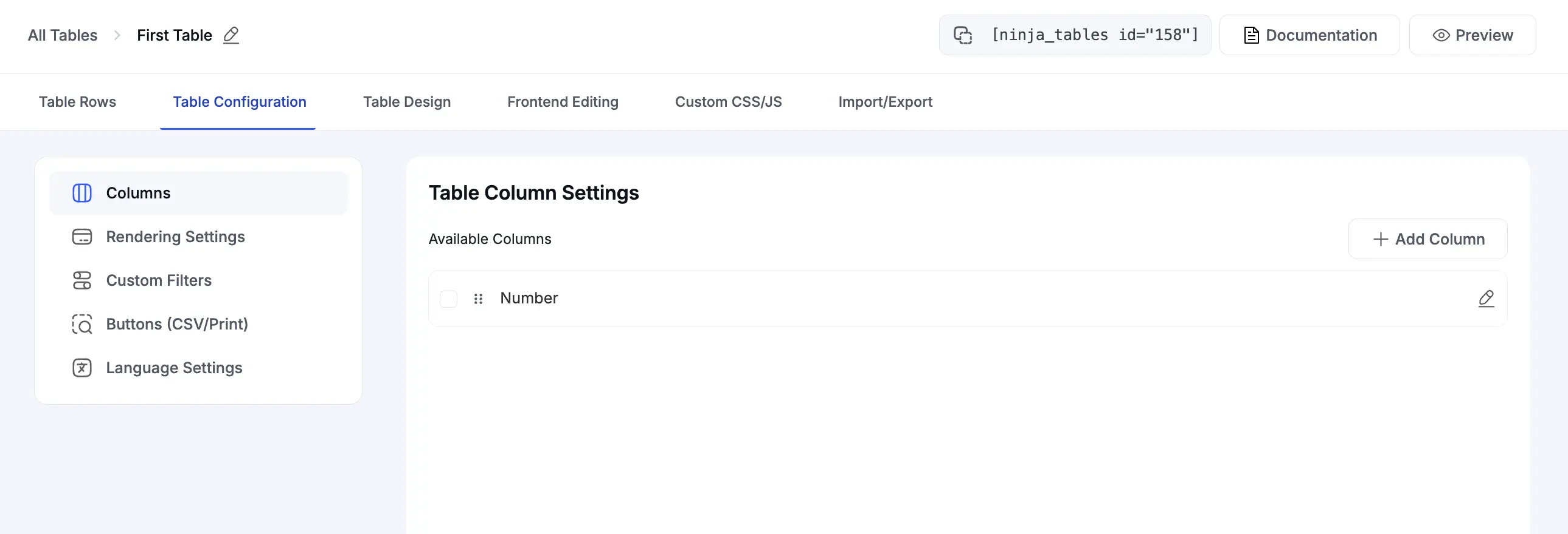 Table Configuration tab showing available columns