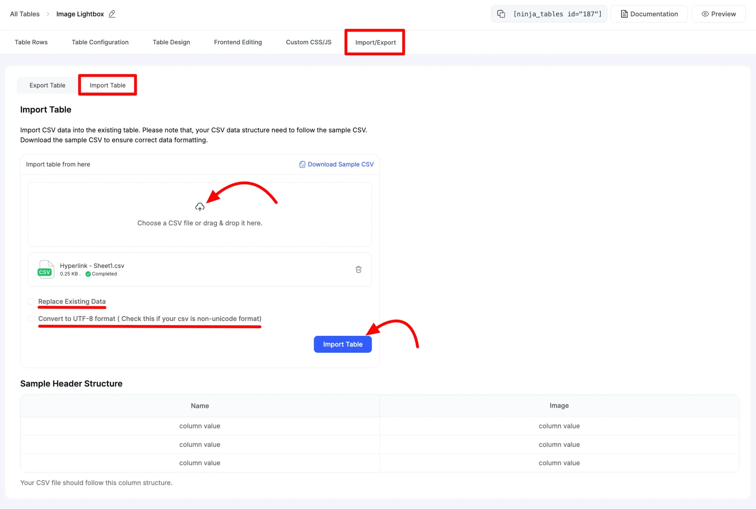 Import-Export tab