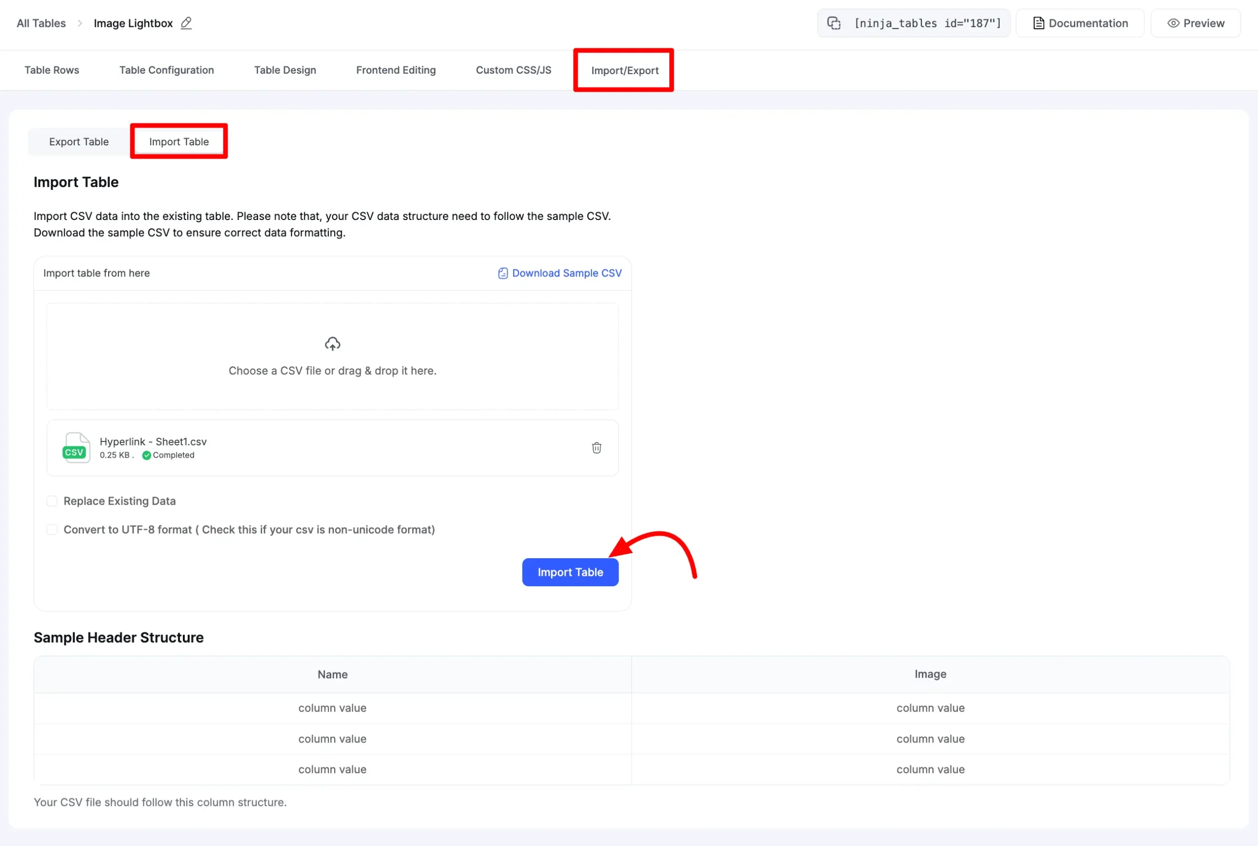 Import from CSV button