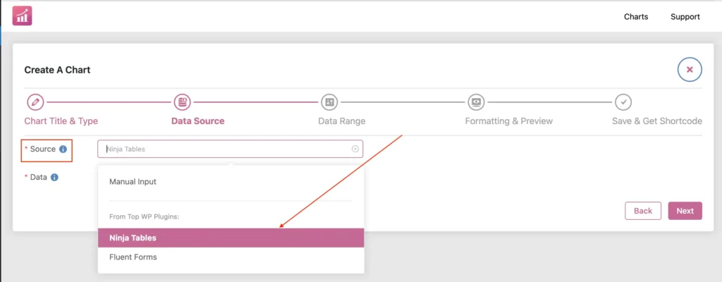 Select Ninja Tables as chart data source
