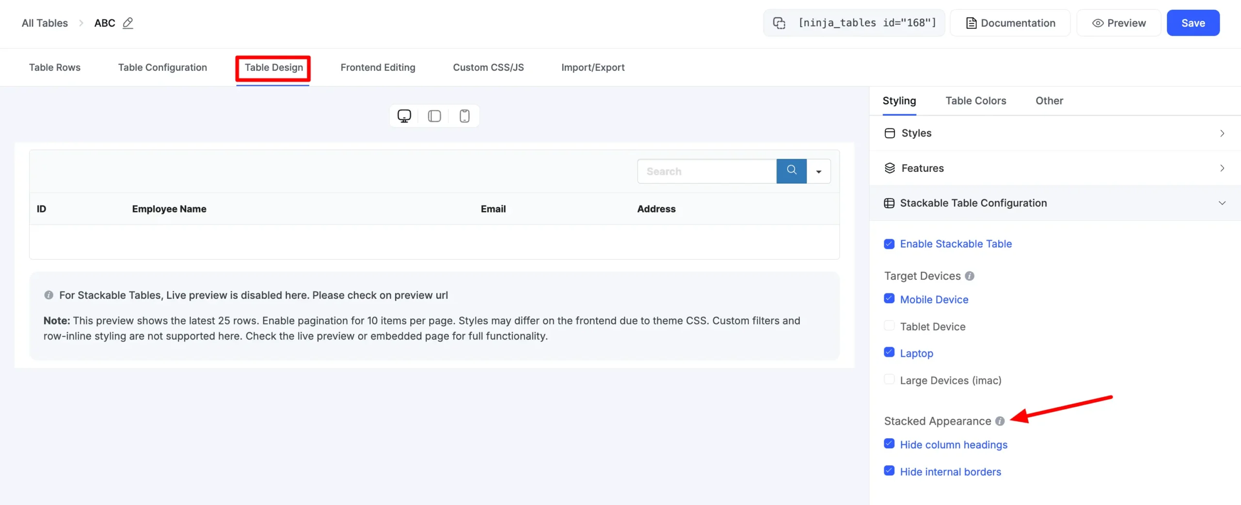 Hide Column Settings