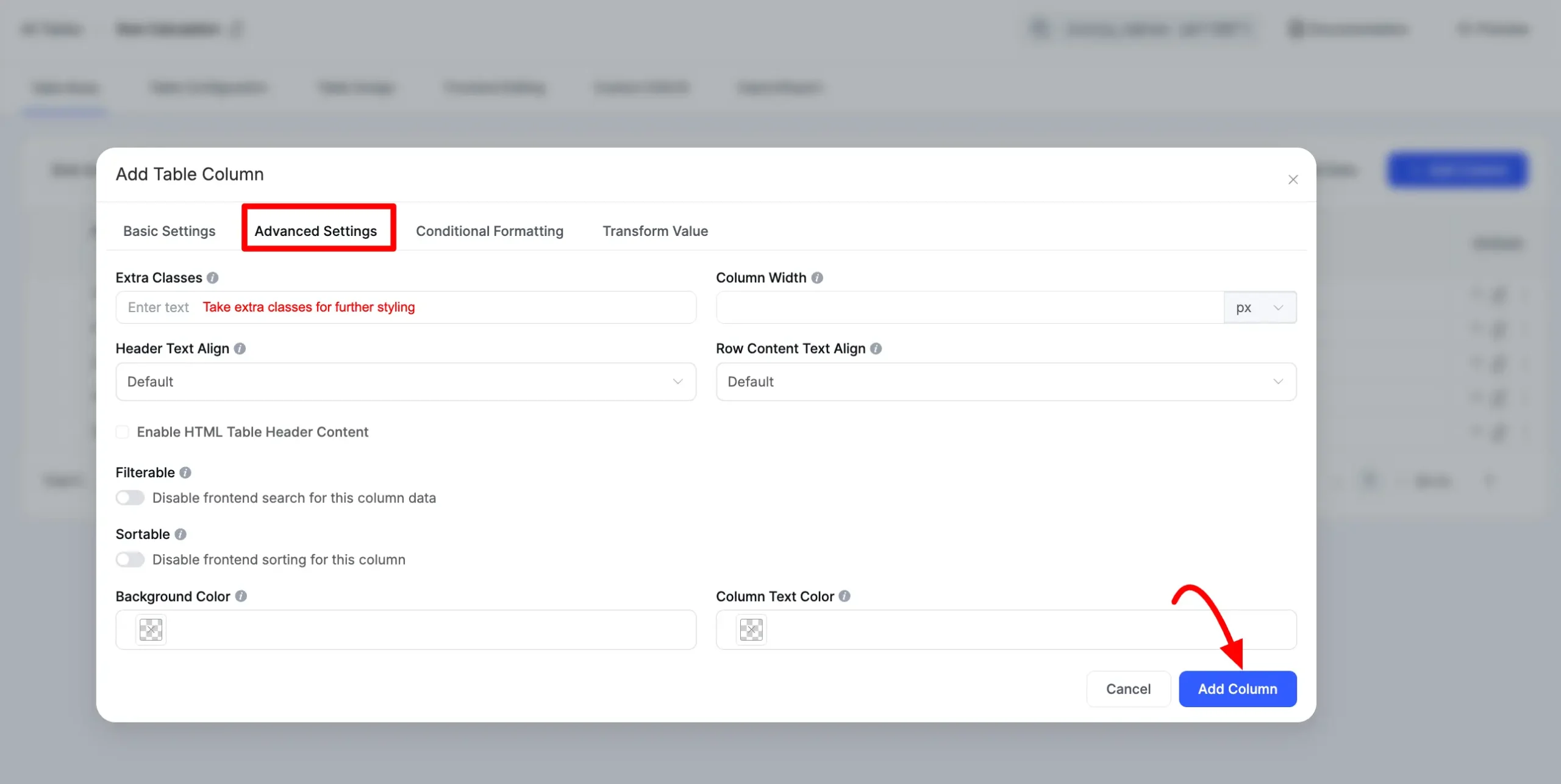 Ninja Tables Advanced Settings