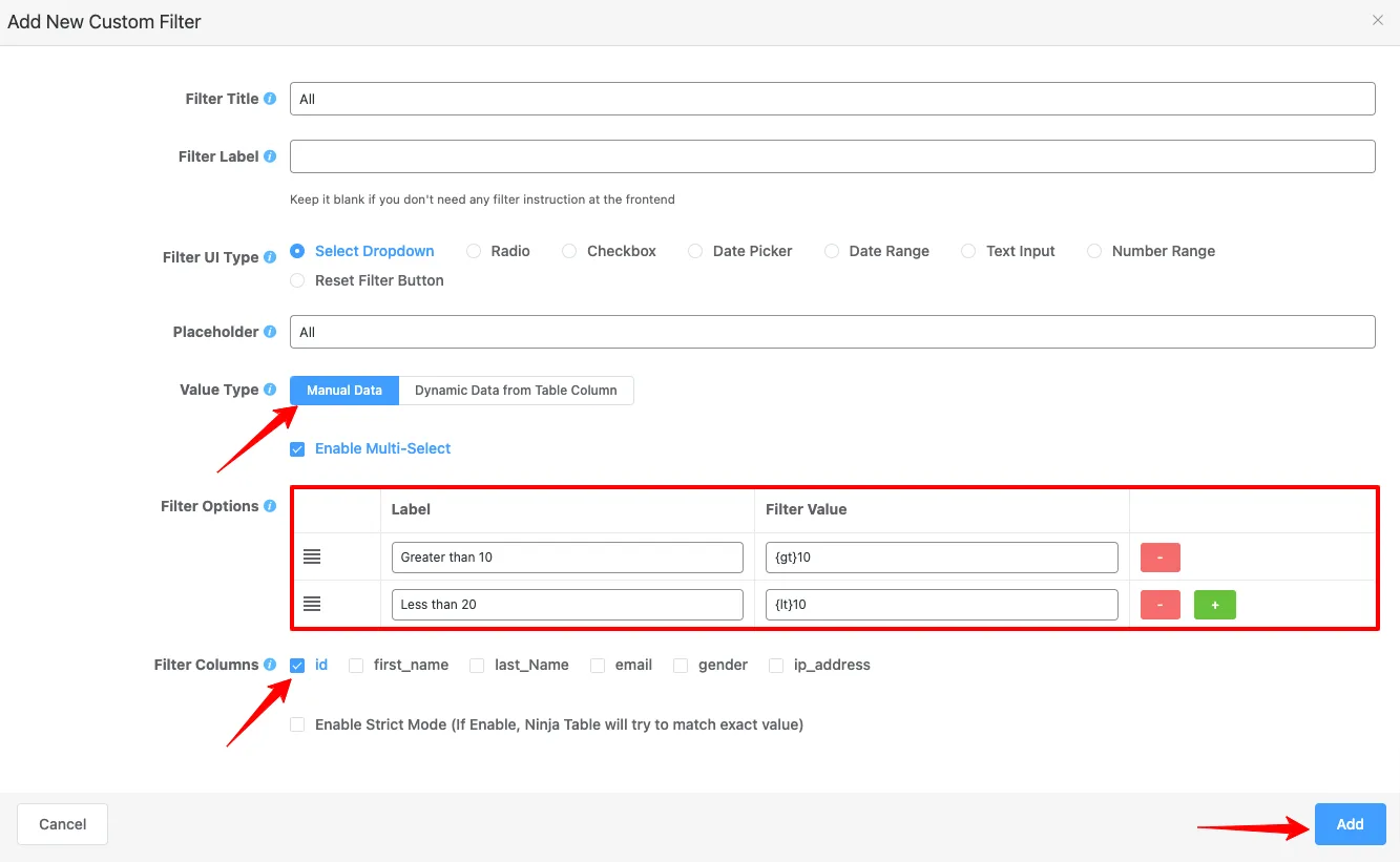 manual data in custom filter