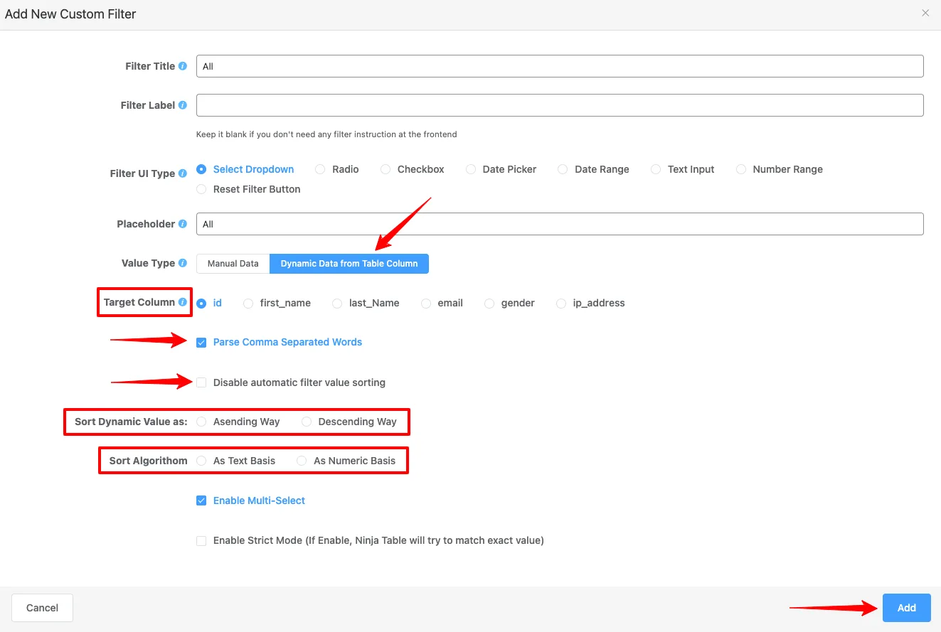 dynamic data custom filter