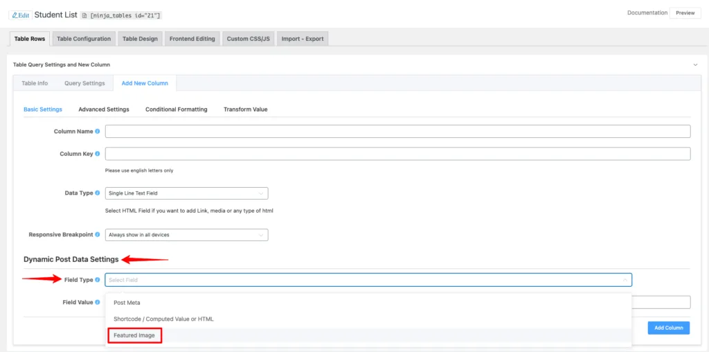 Dynamic Post Data Settings